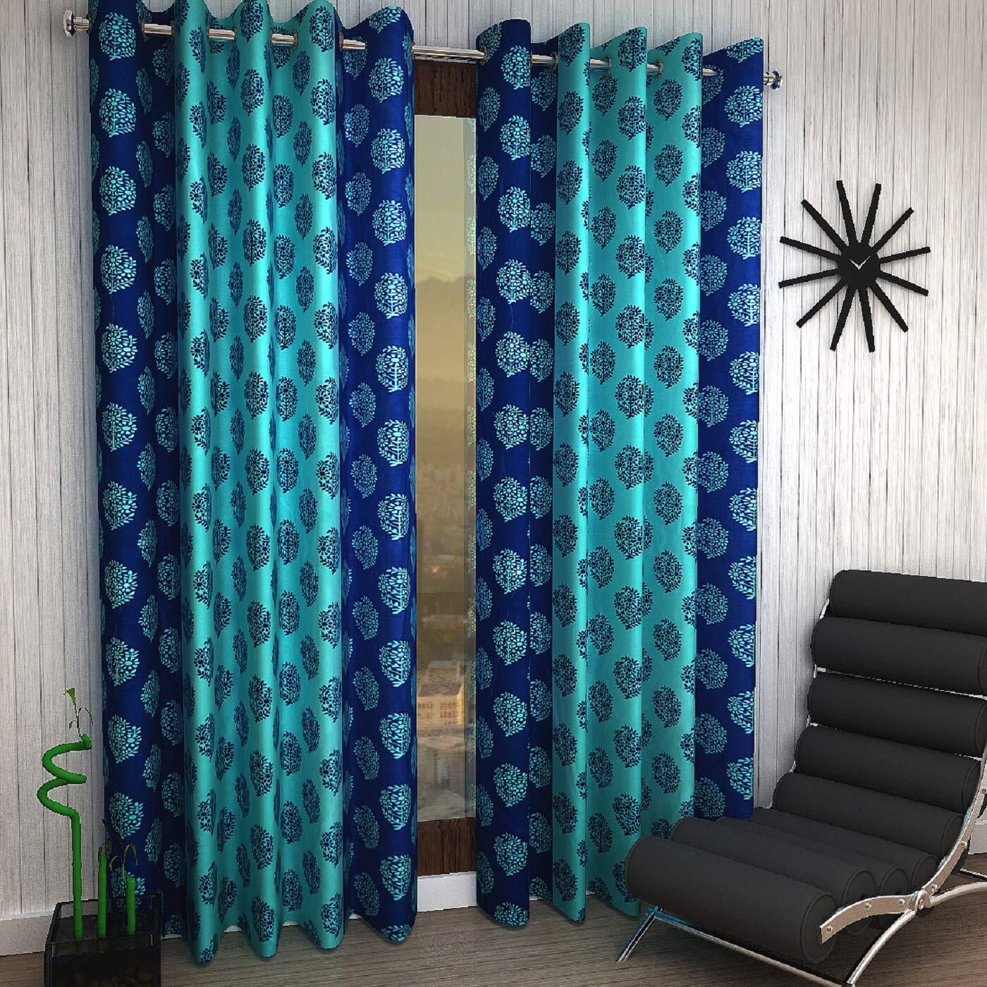 2 Piece Flower Damask Eyelet Polyester Door Curtains 7 Feet Blue