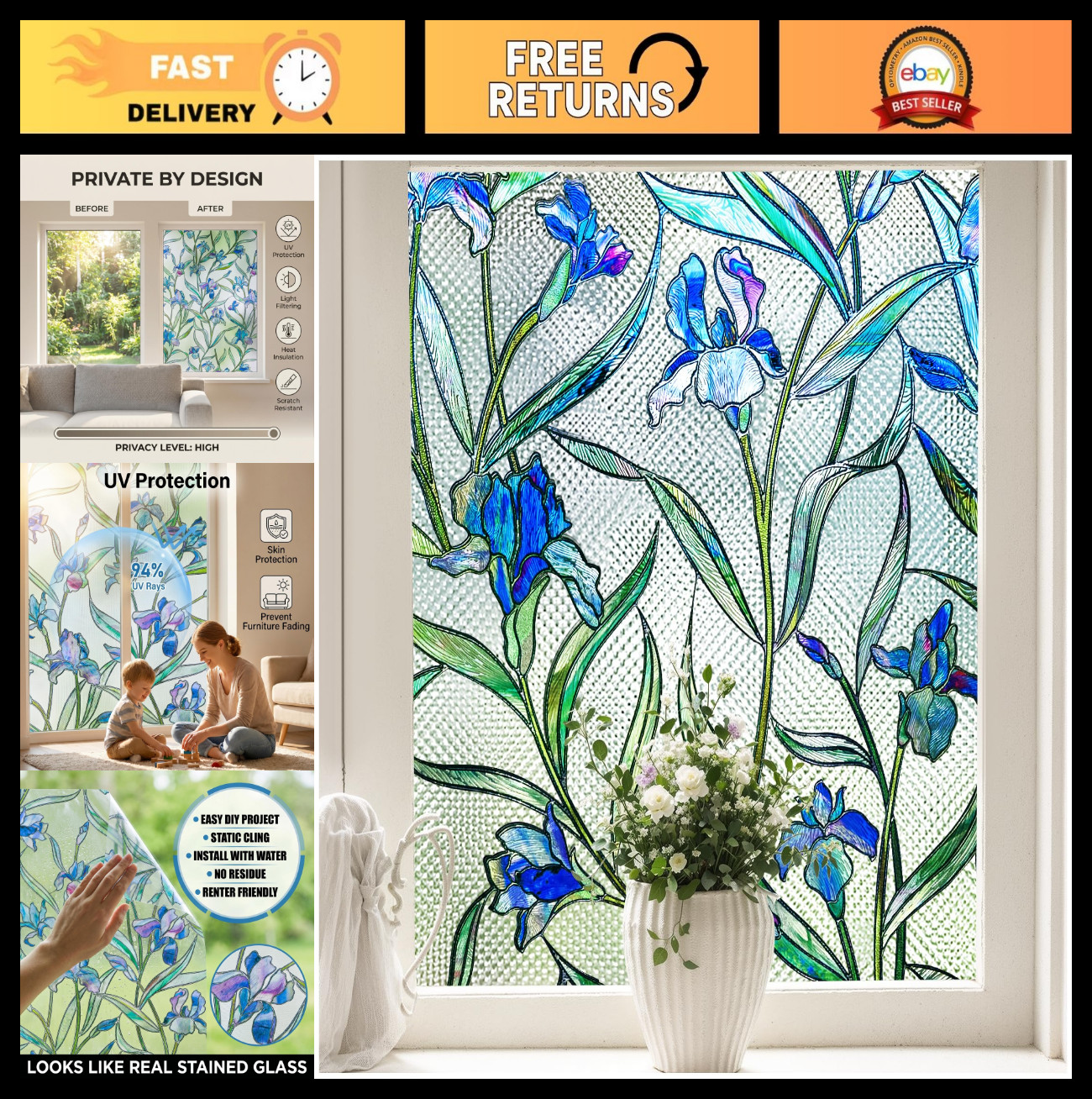 3D Stained Glass Privacy Window Film – Static Cling, UV & Heat Blocking, Reusabl