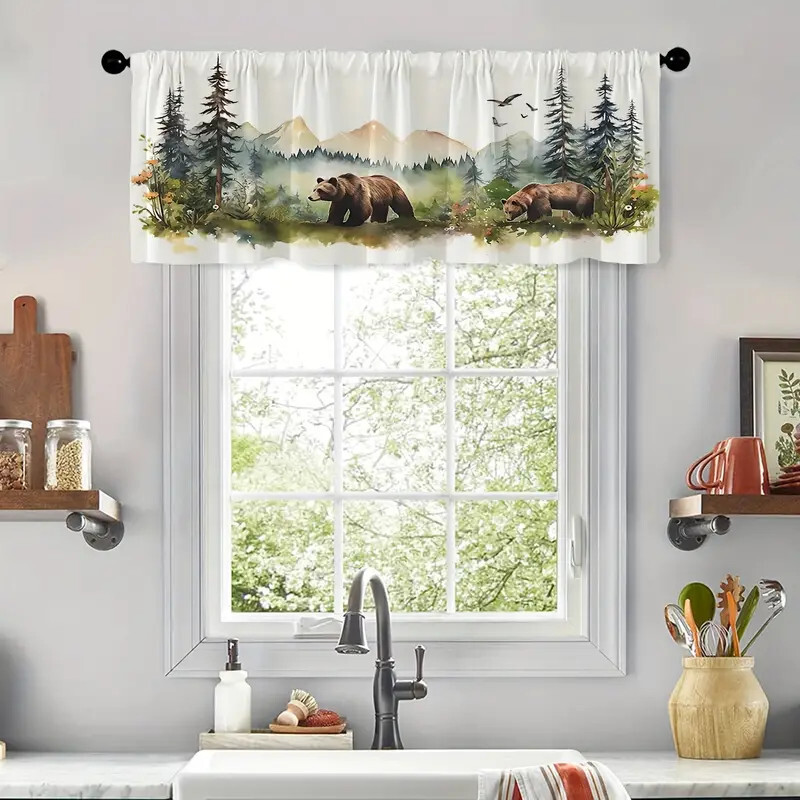 Brown Bears Forestry Mountain Wildlife Window Valance, Modern Rustic,52″ x 18″