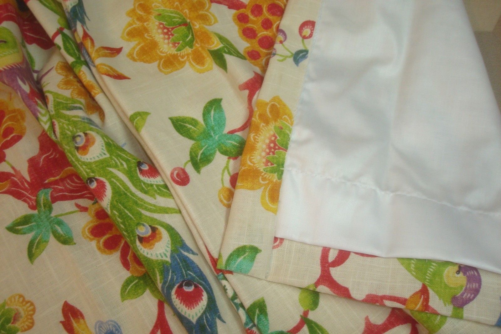 New Custom DRAPES Lined 2 pc LINEN Peacock Floral Fiesta Lark Pleated 96″ lg