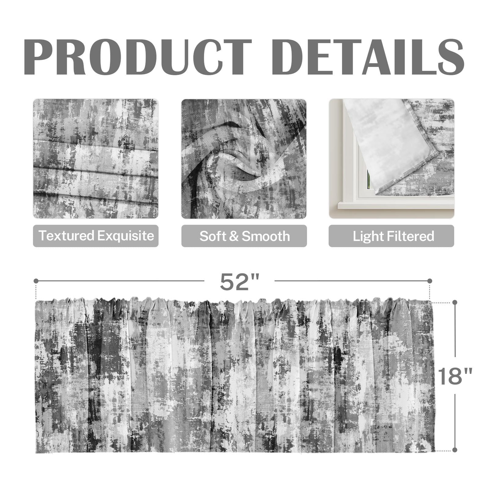 4 Pack Valances Window Treatments, Abstract Modern Grey Grunge Minimalist Dra…