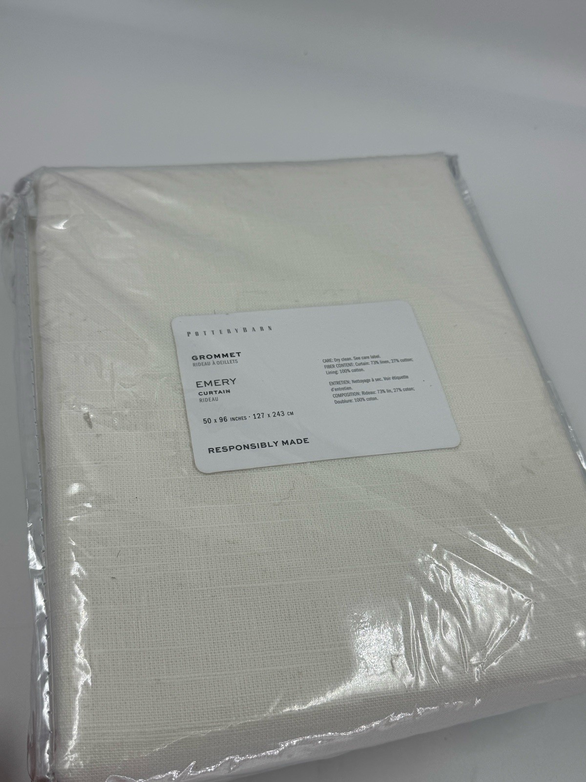 Set/2 Pottery Barn 50×96 Emery Linen Bronze Grommet Curtain, Ivory, Light Filter