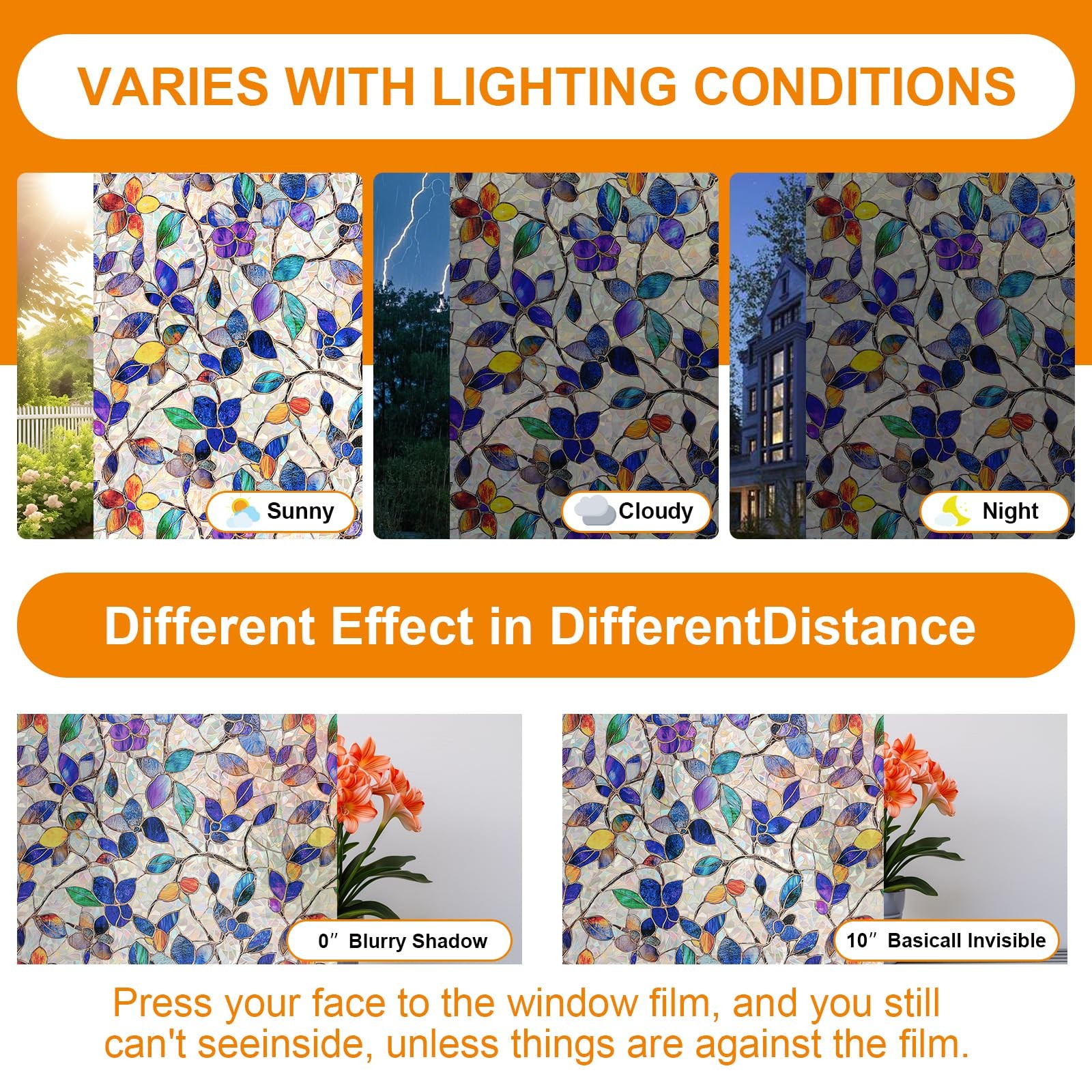 Colored Glass Window Film Decorative Leaf Privacy Static Cling 17.5 x 78.7in