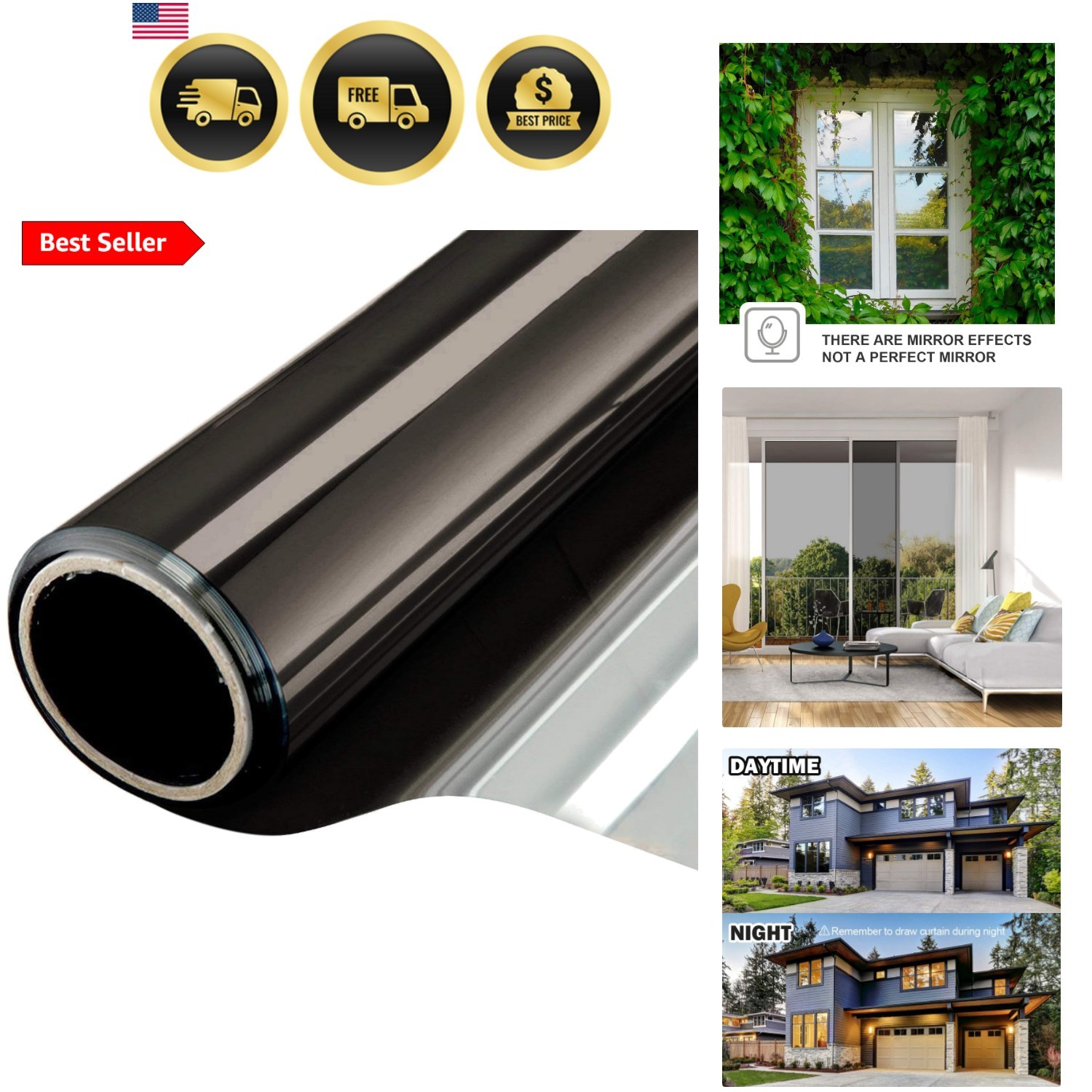 Window Film One Way Mirror Tint Vinyl Daytime Privacy Static Non-Adhesive Dec…