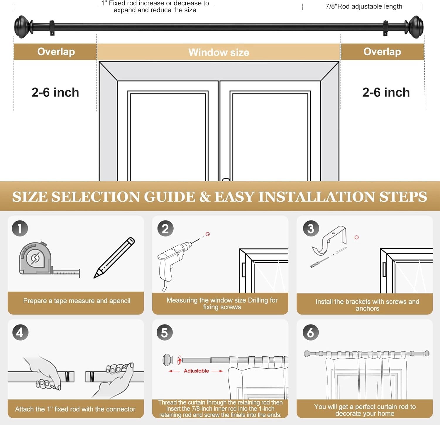 1 Inch Black Curtain Rods Heavy Duty 48 To 84 Inch Standard Decorative Set