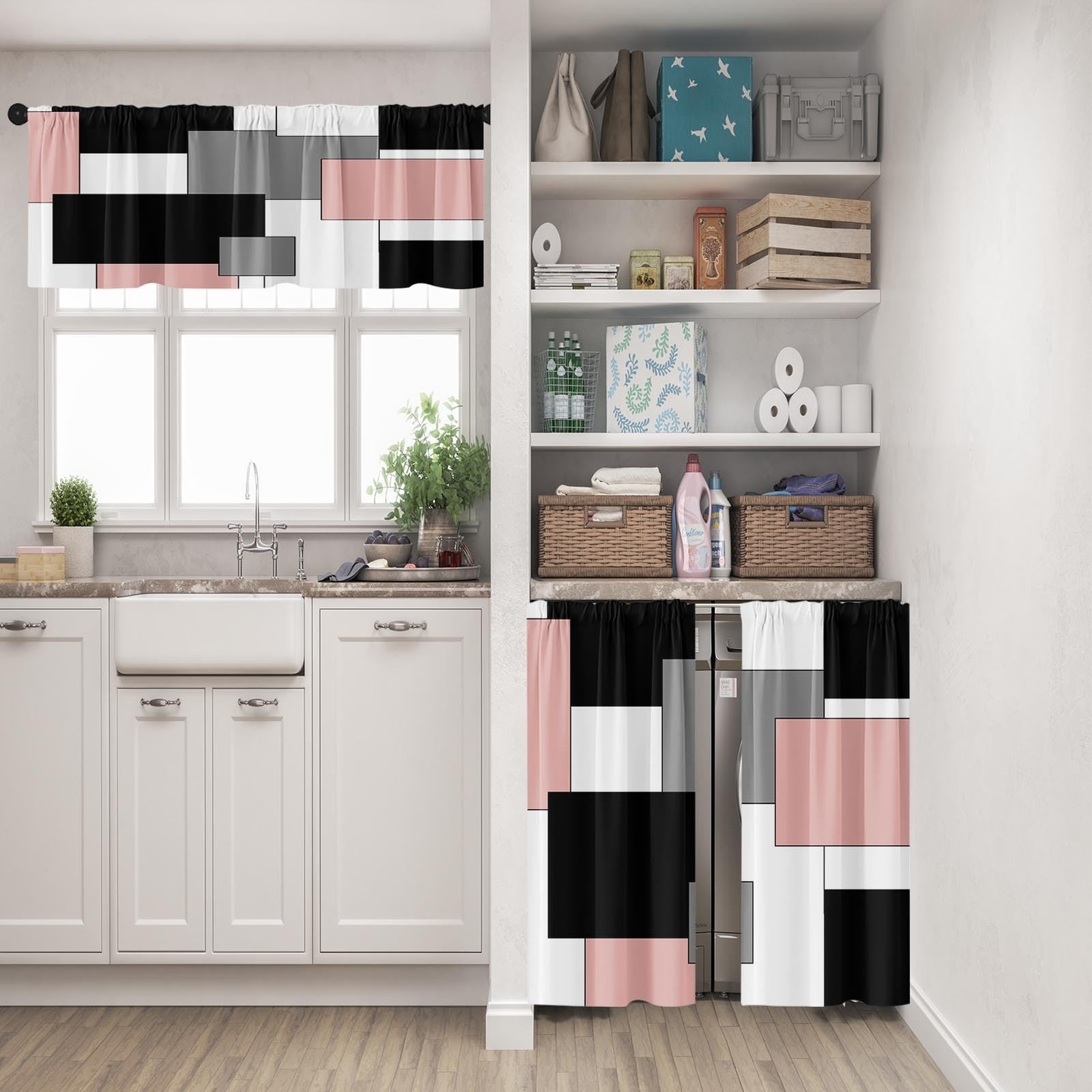 Pink Kitchen Window Curtains Valance and Tier Set 36 Inch, Black Grey White M…
