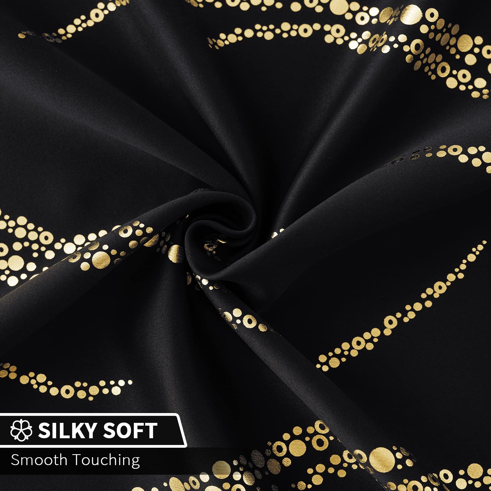 Blackout Curtains for Livingroom – Wave Line with Dots Gold Print Design Nois…