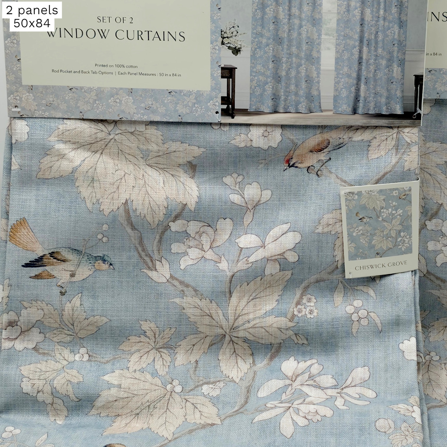 Sanderson Blue Bird Toile Curtains 50×84 Set 2 Panels French Country Cottage