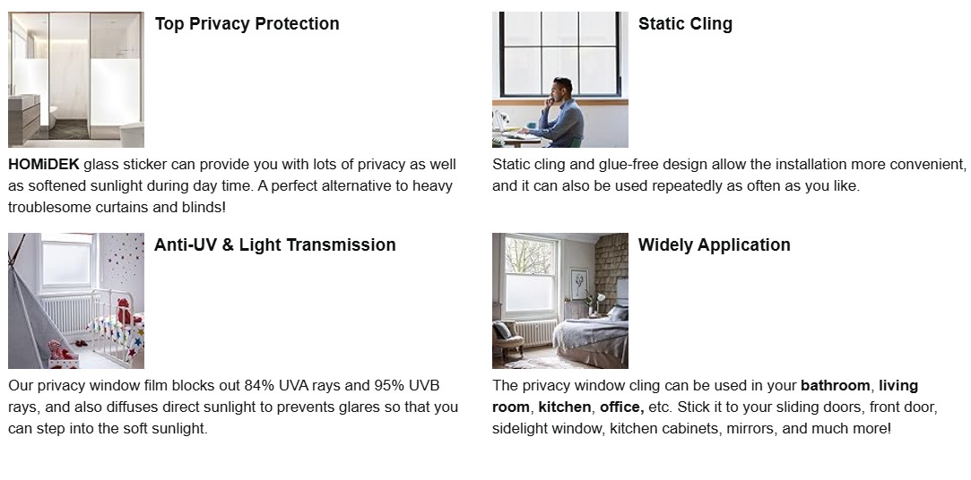 2 Pack Privacy Window Film HOMIDEK Frosted Glass Window Film, Sun UV Blocking
