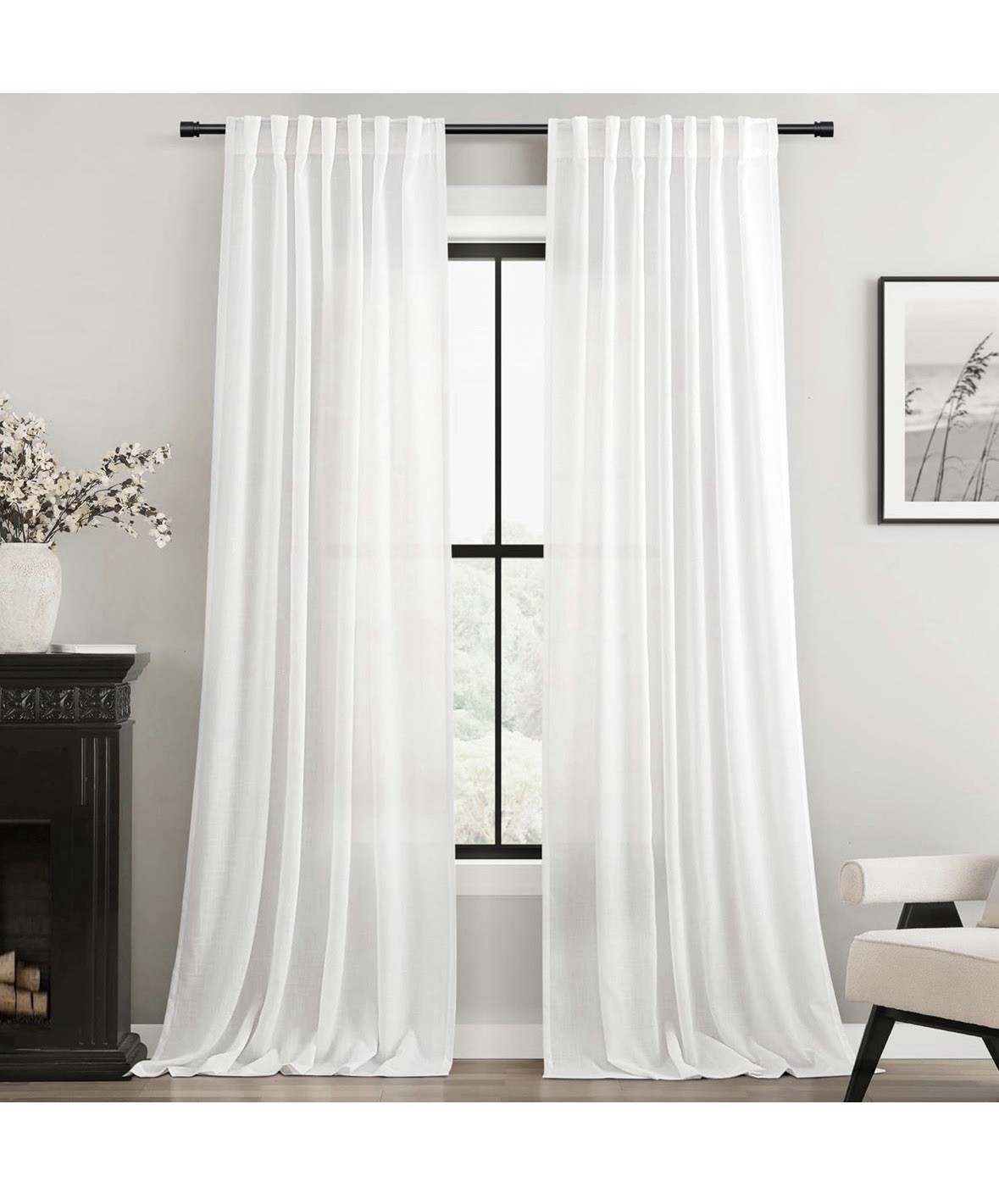 2 Panels White Curtains 92″ x52″ Back Tab Light Filtering Cotton Textu…