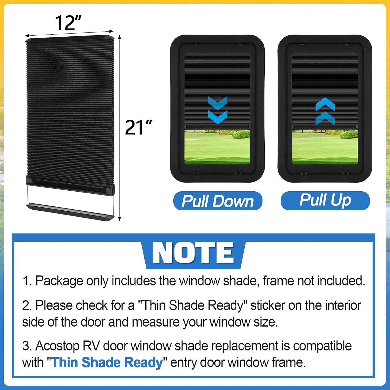 12” x 21” Double‑Layer Cellular RV Entry Door Window Shades Replacement for…