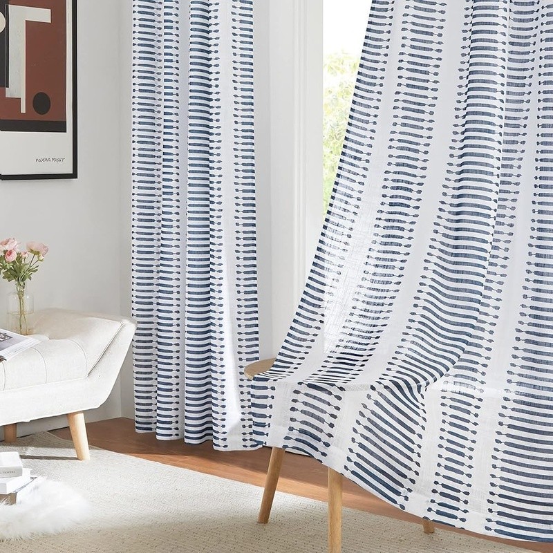 Sheer Curtains W/ Navy Stripe Pattern Light Filter Grommet Top Home Decoration
