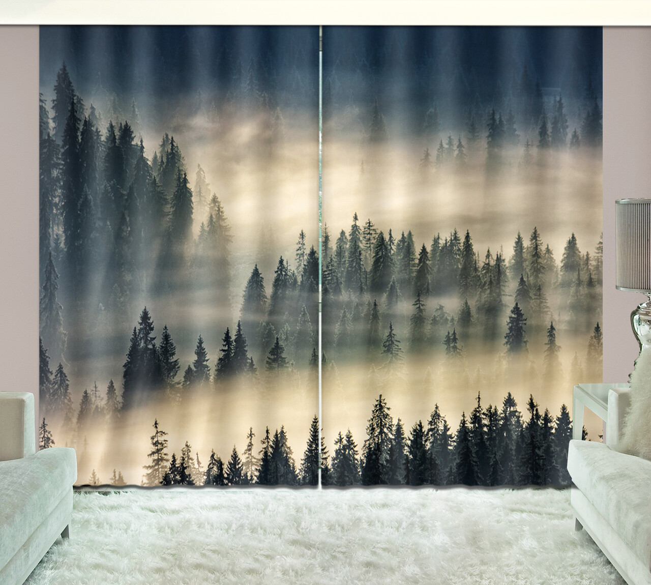 Nature Forest Foggy Pine Trees 3D Window Curtains Blockout Drapes Fabric 2 Panel