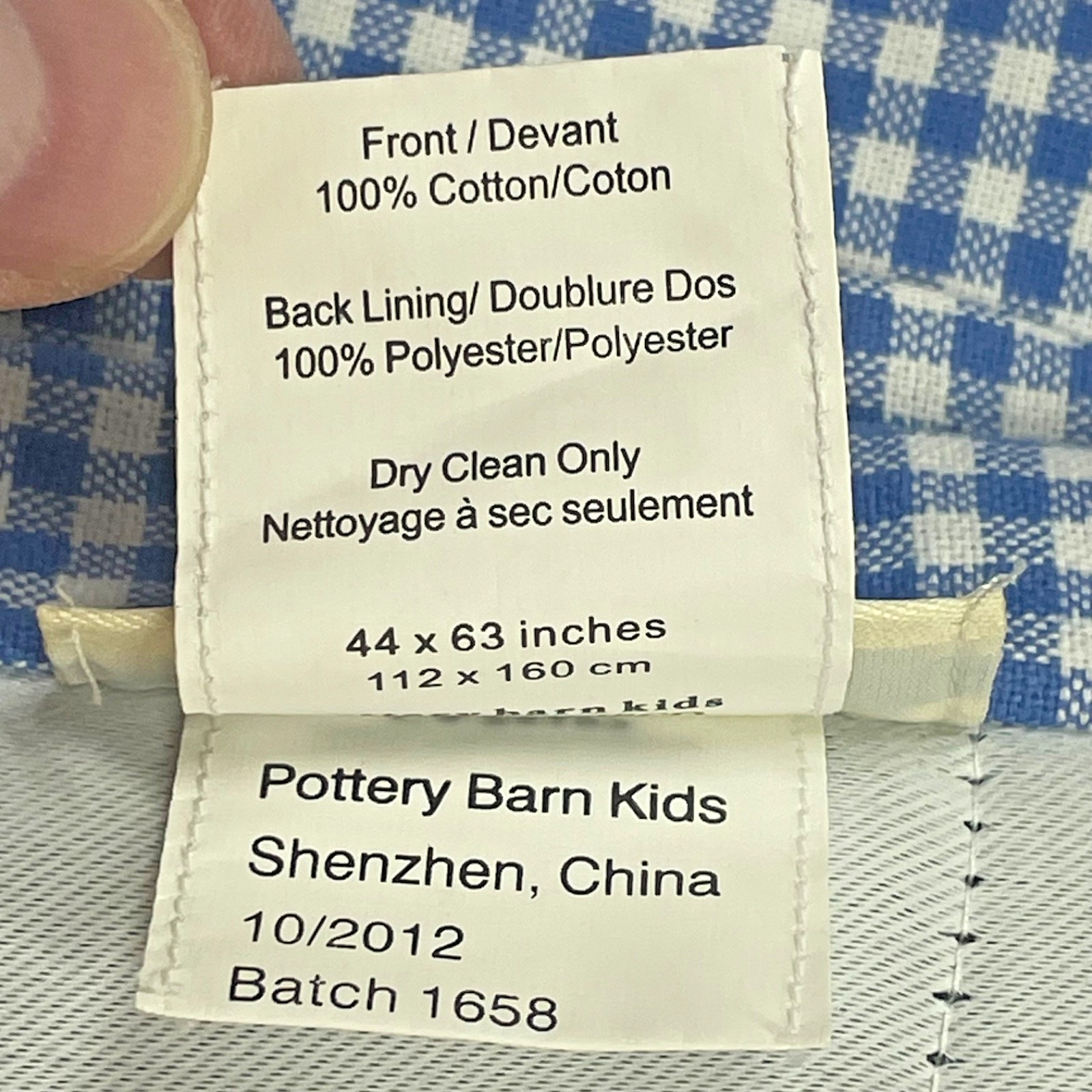 Pottery Barn Kids Curtain 2 Panels Blue Gingham Lined 44 x 63 Blackout EUC