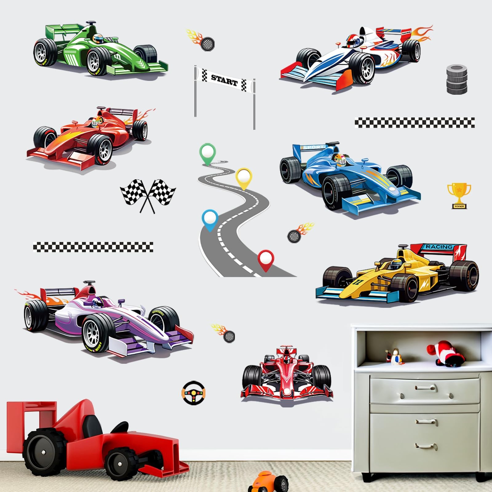 wondever Racing Car Wall Stickers Vehicles Roads Peel and Stick Art A