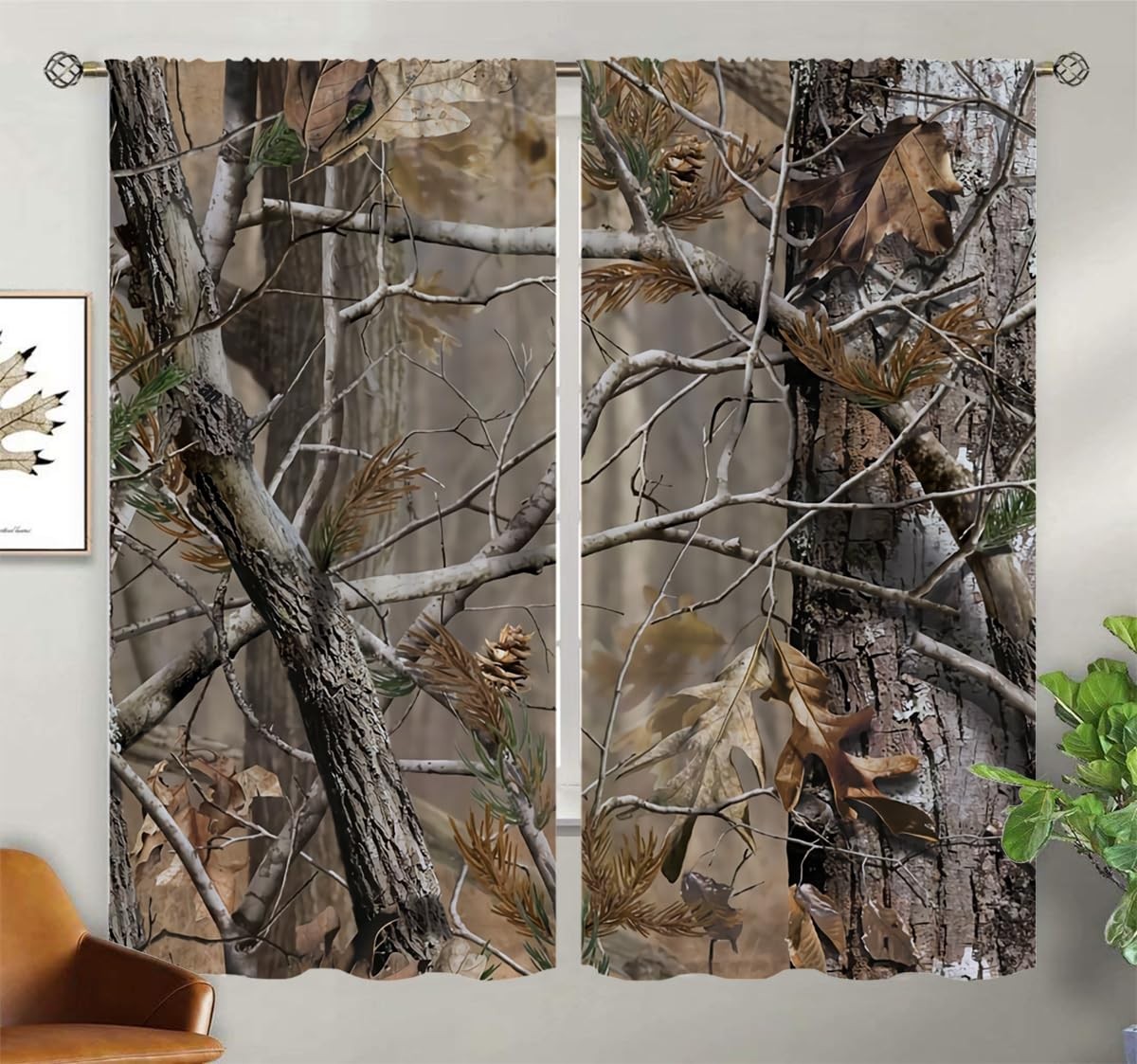 Camo Tree Blackout Curtains for Home Decor,Realistic Forest Camouflage Rod