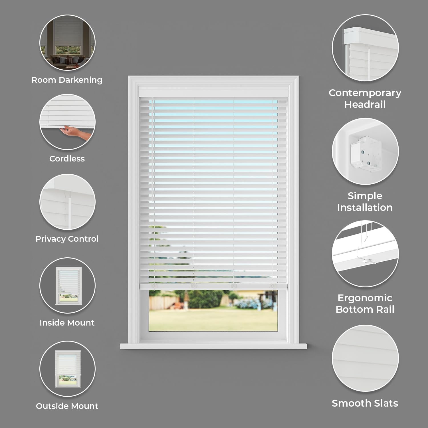 2″ Cordless Smooth Slat Faux Wood Window Blinds for Home – 35″ W x 60″ L –
