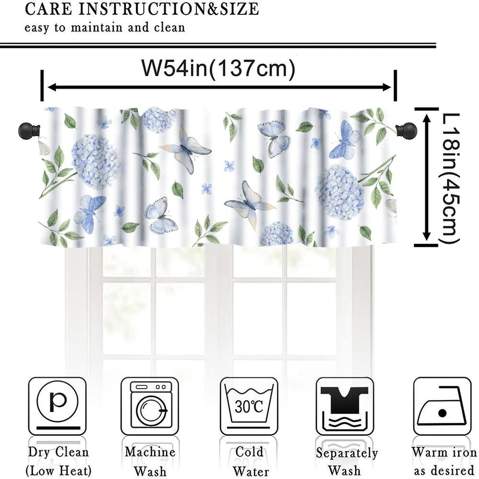Spring Hydrangea Valance Curtain, Rustic Summer Blue Moth Butterfly Flowers G…