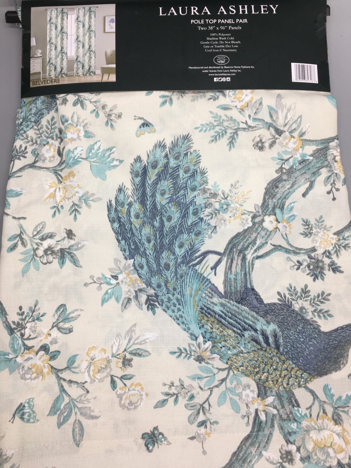 Laura Ashley Belvedere Peacock 2 Window Curtain Panel Set Blue Turquoise 38×96