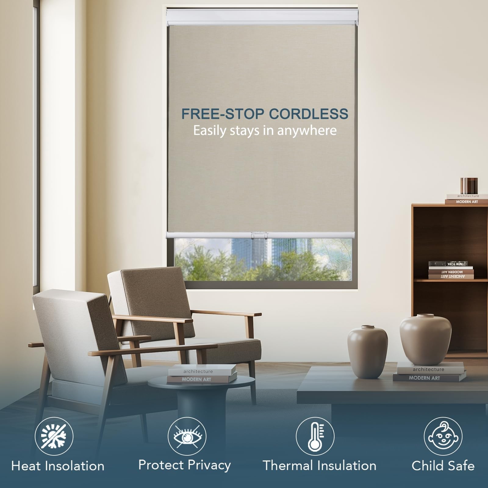 Roller Window Shades Free-Stop Cordless Blackout Blinds, Thermal Insulated Pu…