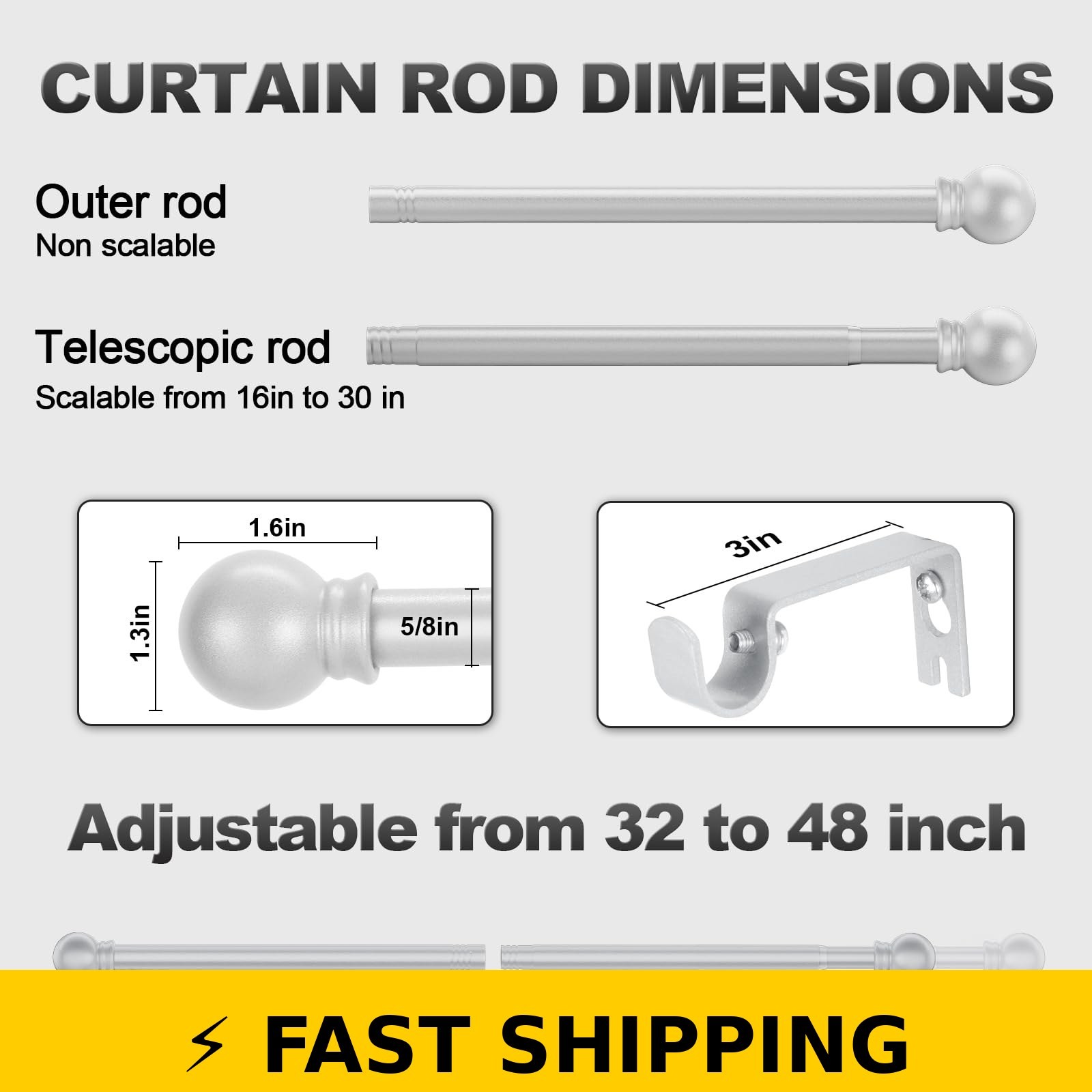 Authandis Silver Adjustable Curtain Rod 32-48 Inch – Gray
