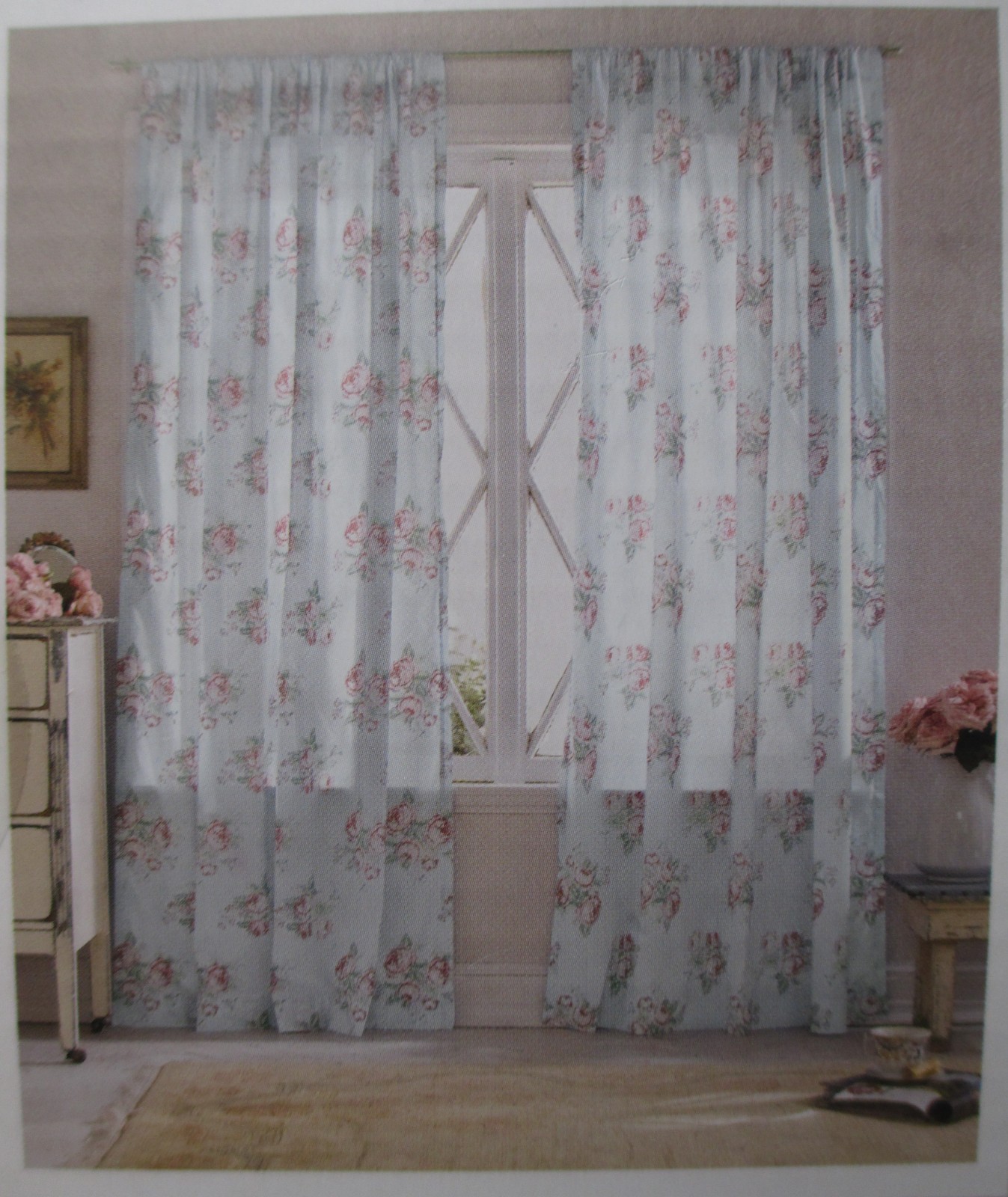 Simply Shabby Chic Blue Voile Cabbage Rose Floral Panels Curtains Drapes Pair