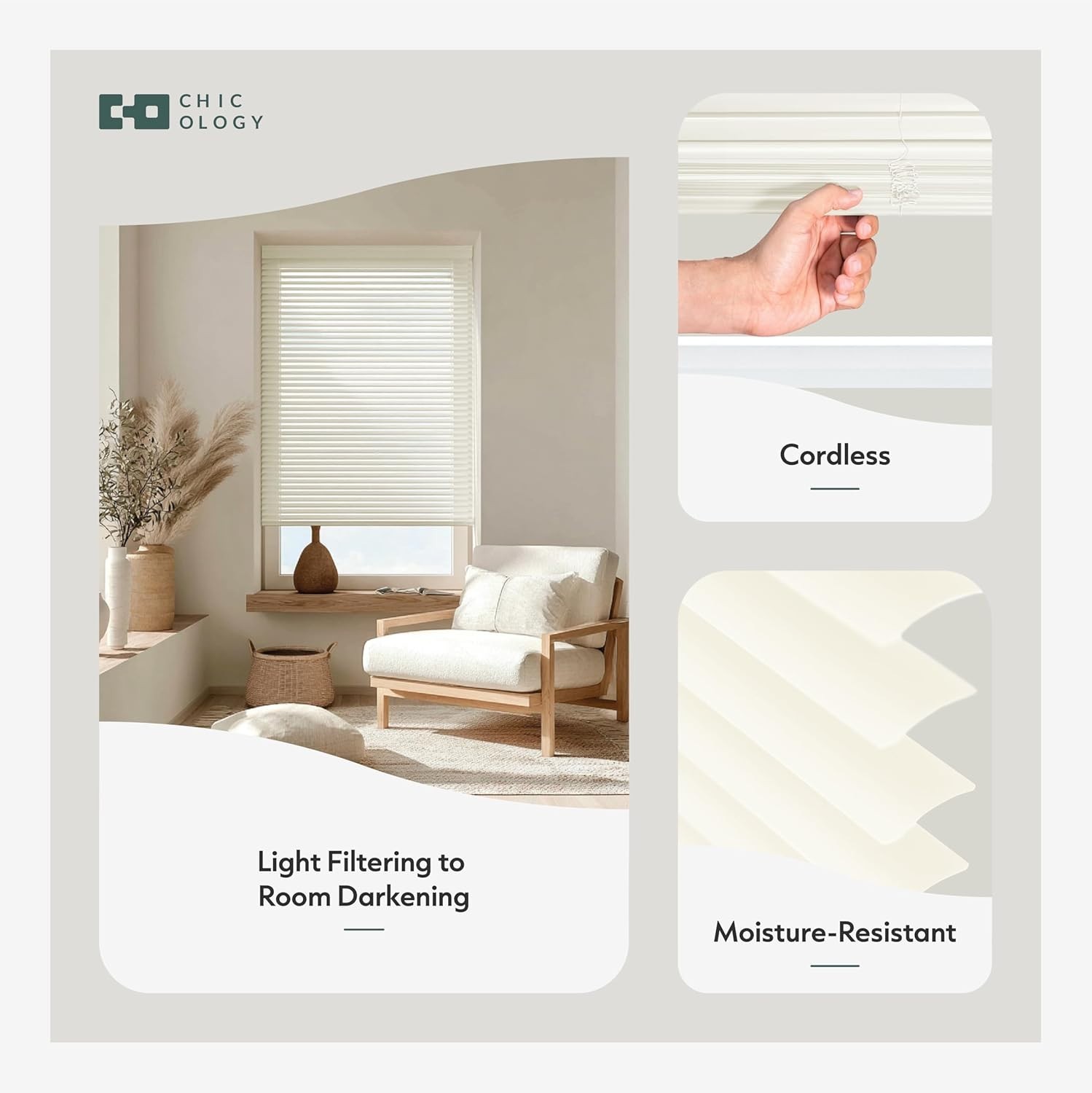 Cordless Mini Blinds, Light Filtering & Durable Vinyl, 29″W x 48″H, Easy Mount
