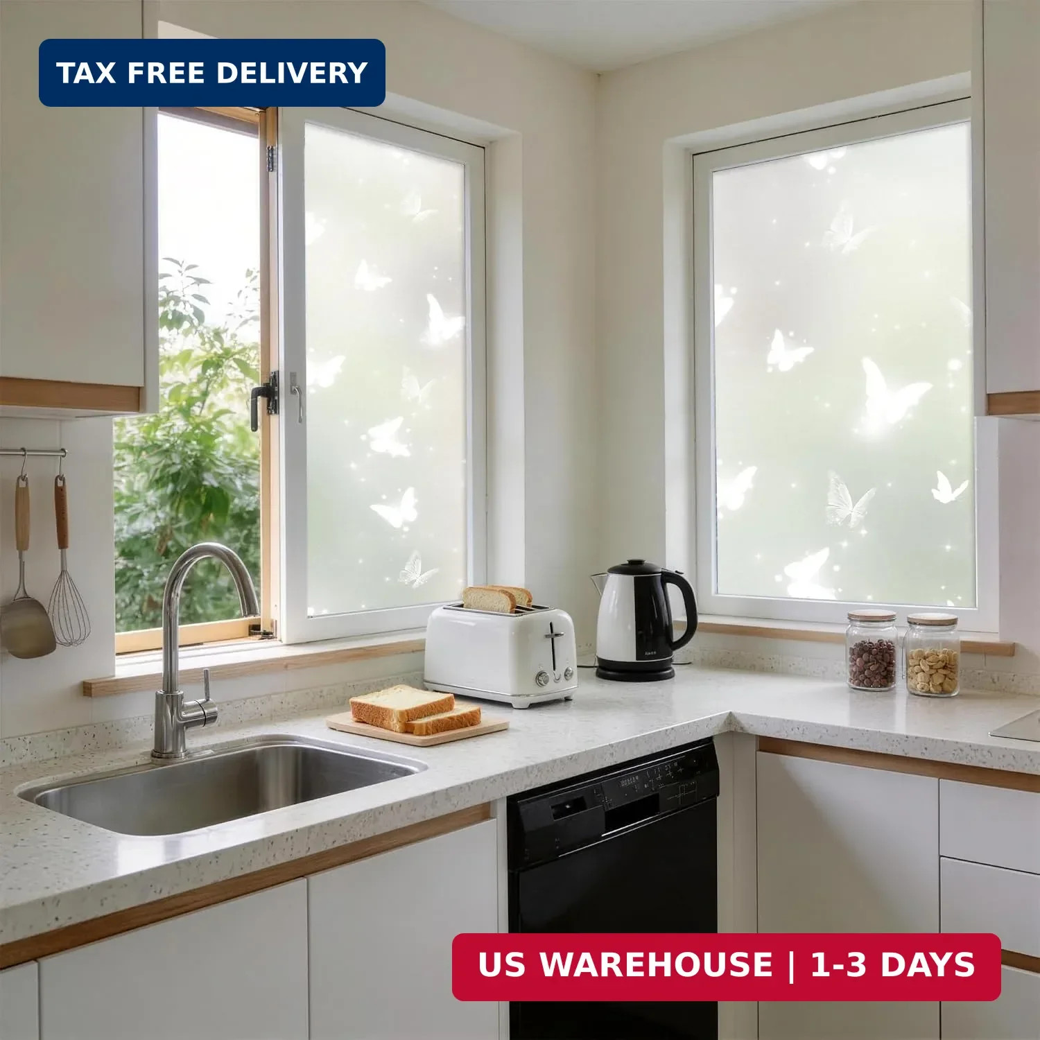Frosted Glitter Butterfly Window Privacy Film, 78.5″ L x 17.5″ W, Decorative Sel