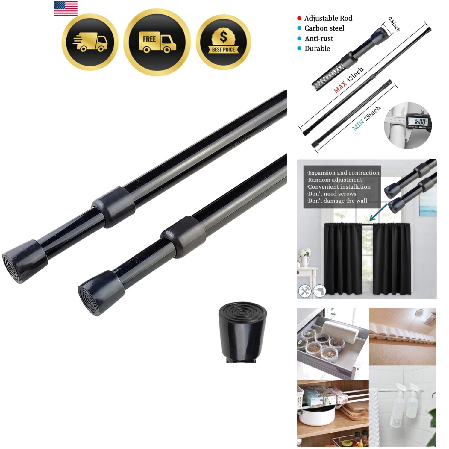 Curtain Tension Rod Black Expandable 28-43 Inches 2 Pack for Kitchen Bathroom