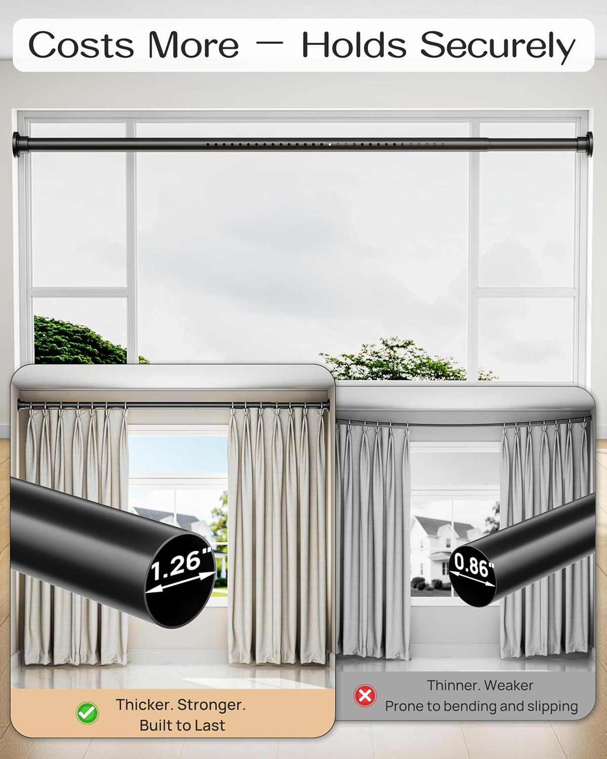 Extra Long Tension Curtain Rod No Drill by , 82–123 Inch Heavy Duty Tension Rod