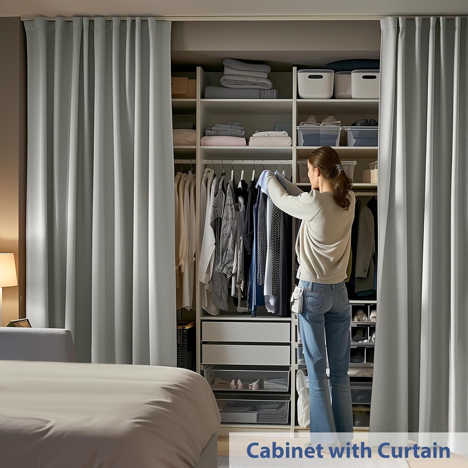 Extra Wide Blackout Curtain Track Set with Light Grey Drape for Privacy
