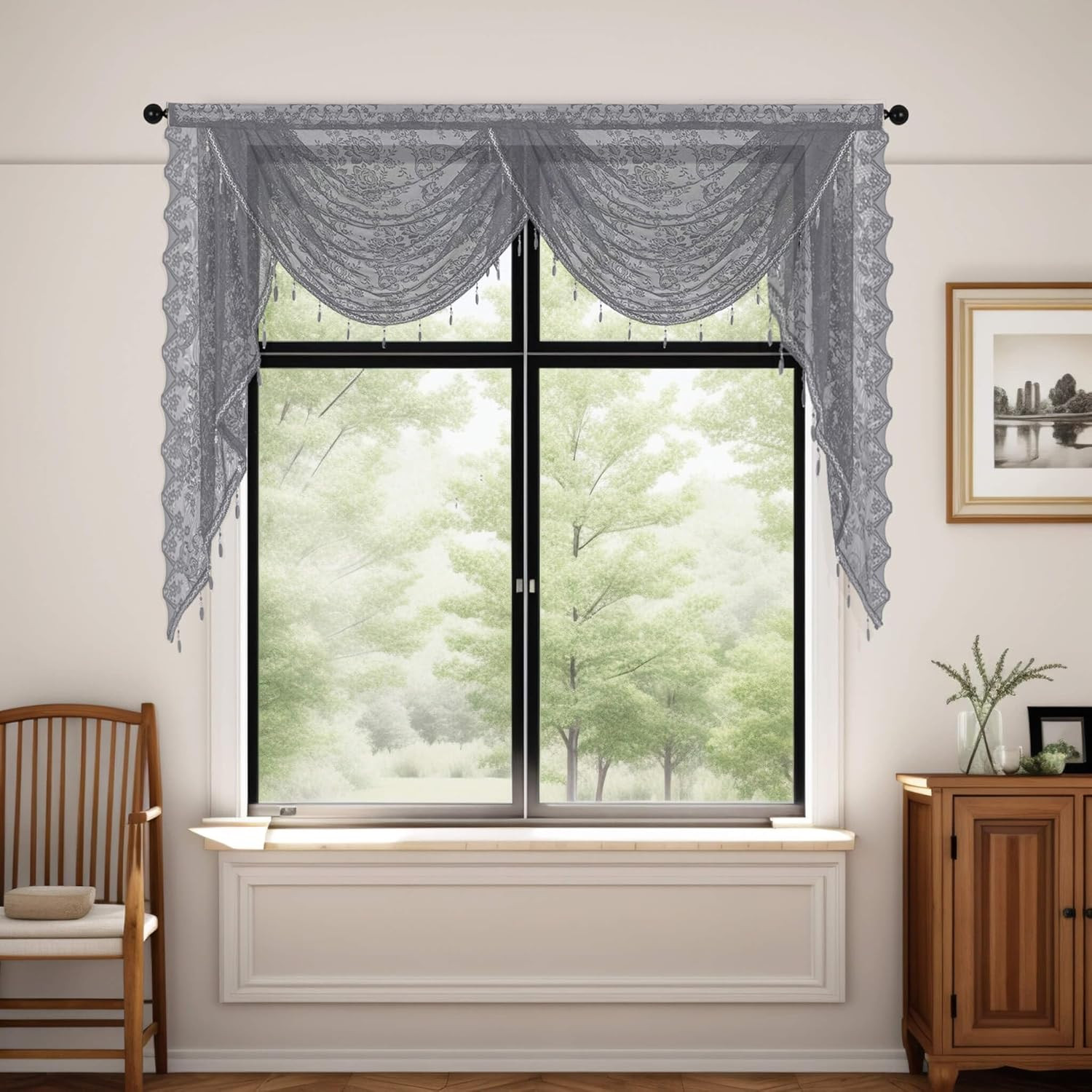 Grey Lace Waterfall Swag Curtain Valances for Living Room Windows, Boho Semi She
