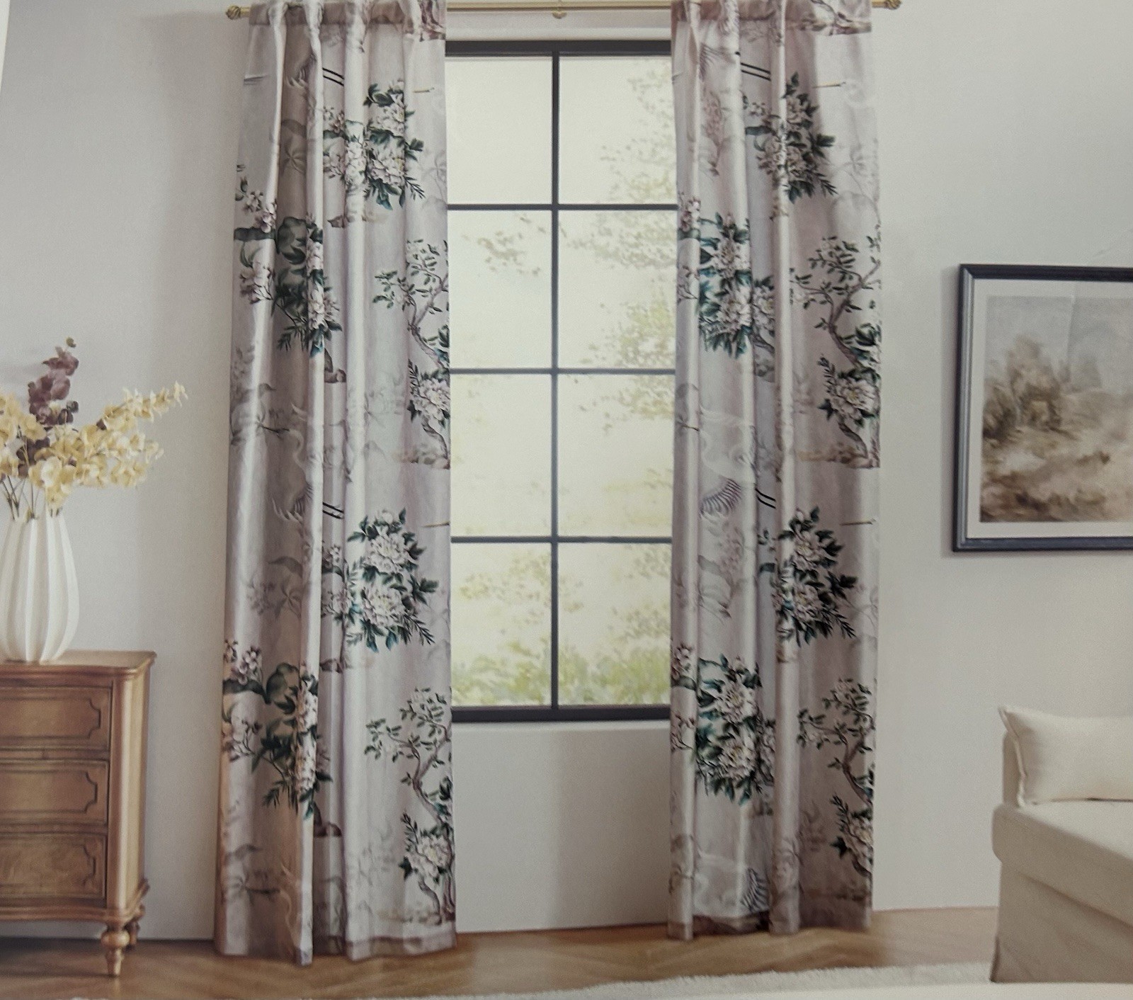Callisto Home Heron Bird Window Curtains Panels 38 X 96 Pair Drapes Blush Scroll