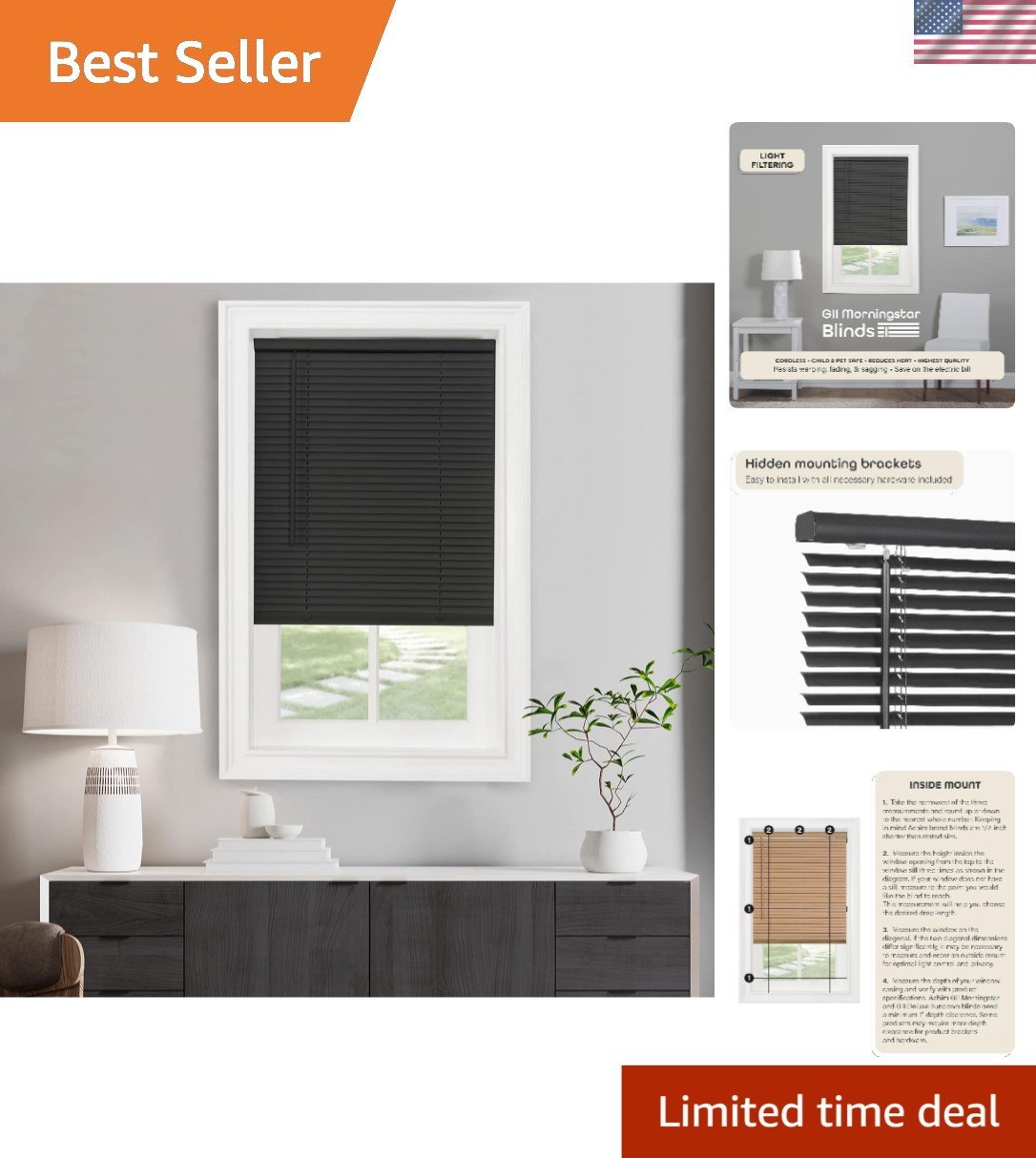 Black Cordless Light Filtering Mini Blinds – 35″ Wide x 64″ Long for Indoor Use