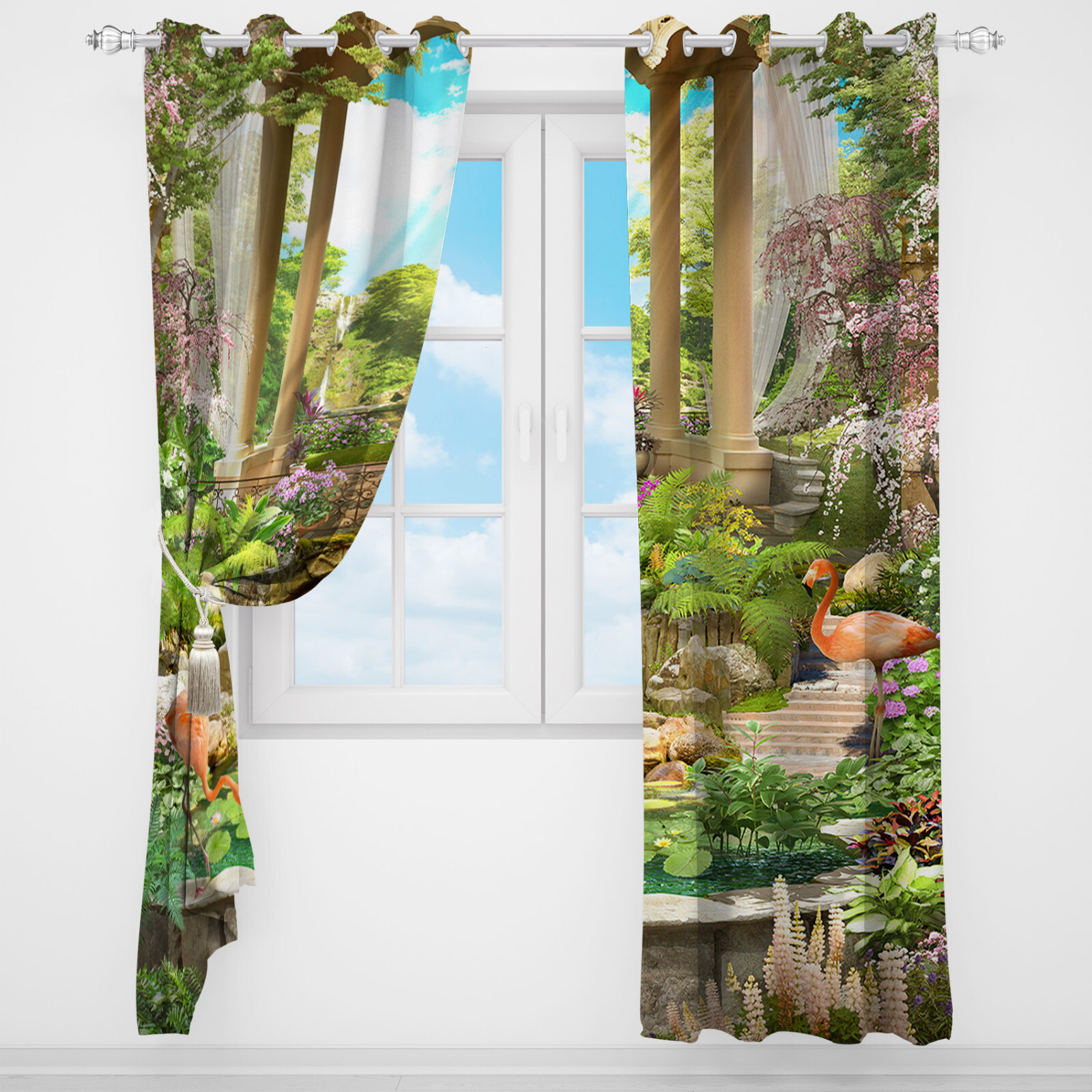 Green Leaf Pink Flamingo 3D 2 Panels Window Curtains Blockout Drapes Fabric