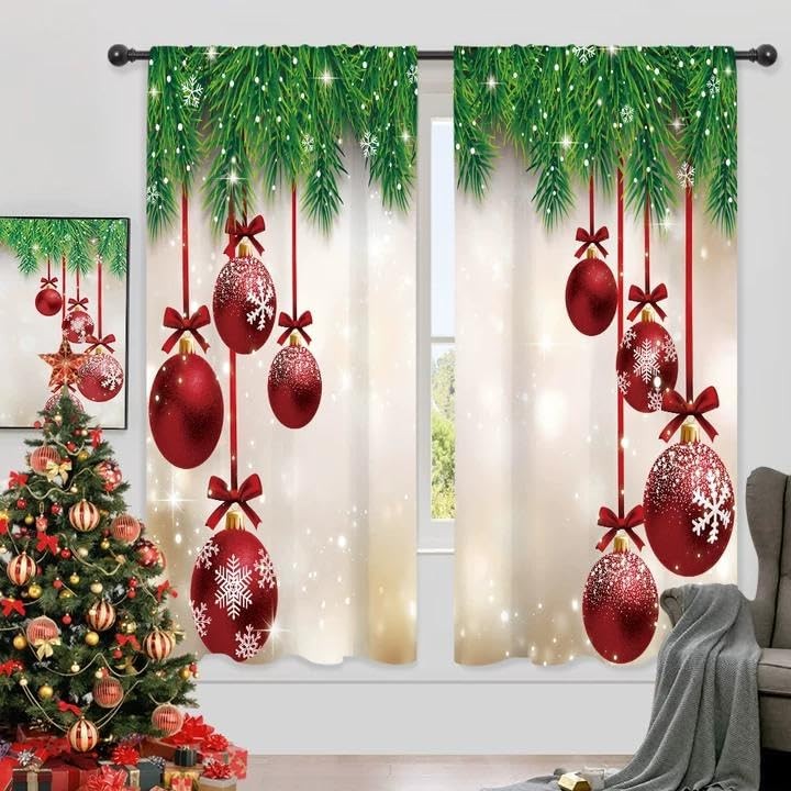 Christmas Curtains Xmas Red Balls Rod Pocket New Year Green Pine Tree Branche…