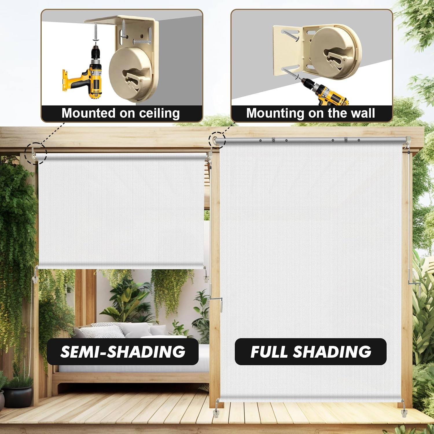 Outdoor Roller Shade 10′ W x 8′ H, White Exterior Cordless Patio Roll Up Blinds