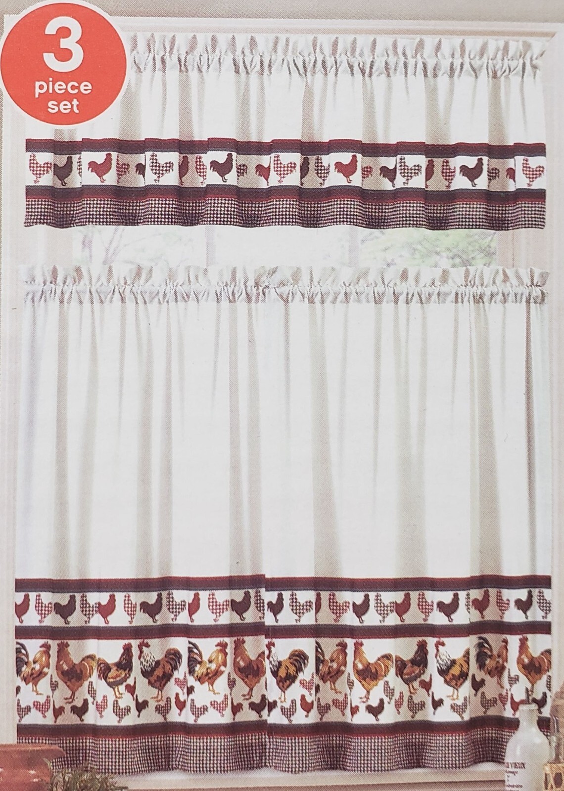 3pc. Rod Pocket Curtains Set(2 Tiers & Valance 60″x14″)DIFFERENT ROOSTERS,C13,MB