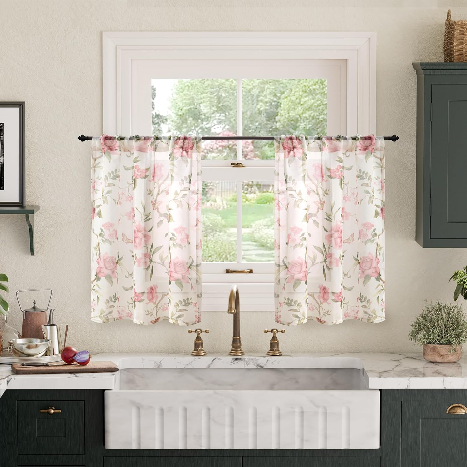 Floral Sheer Curtains for Windows, Short Semi 30″W X 36″L (Pack of 2) Pink