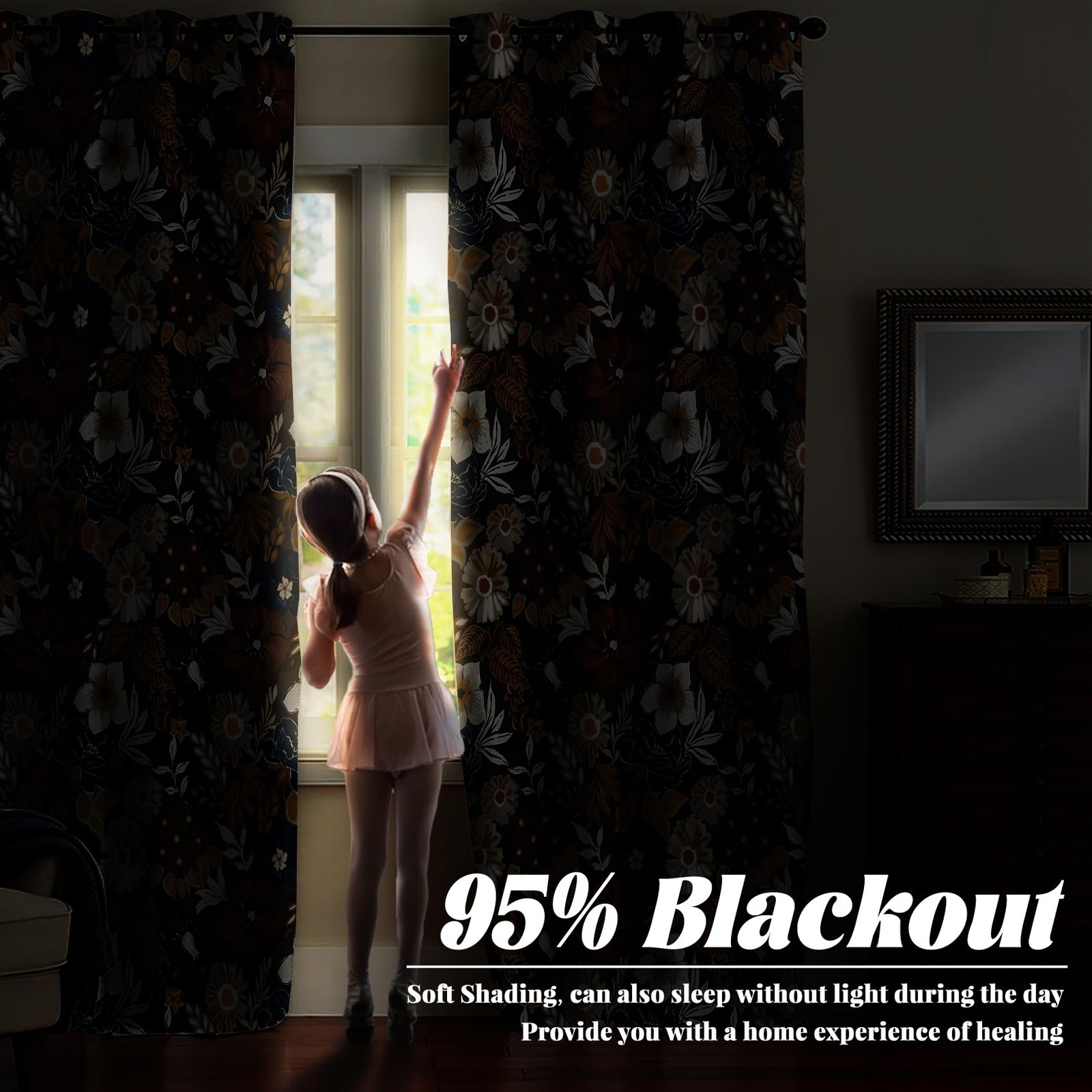 Renaiss Bohemian Floral Blackout Curtains Blue Brown White Flower Thermal