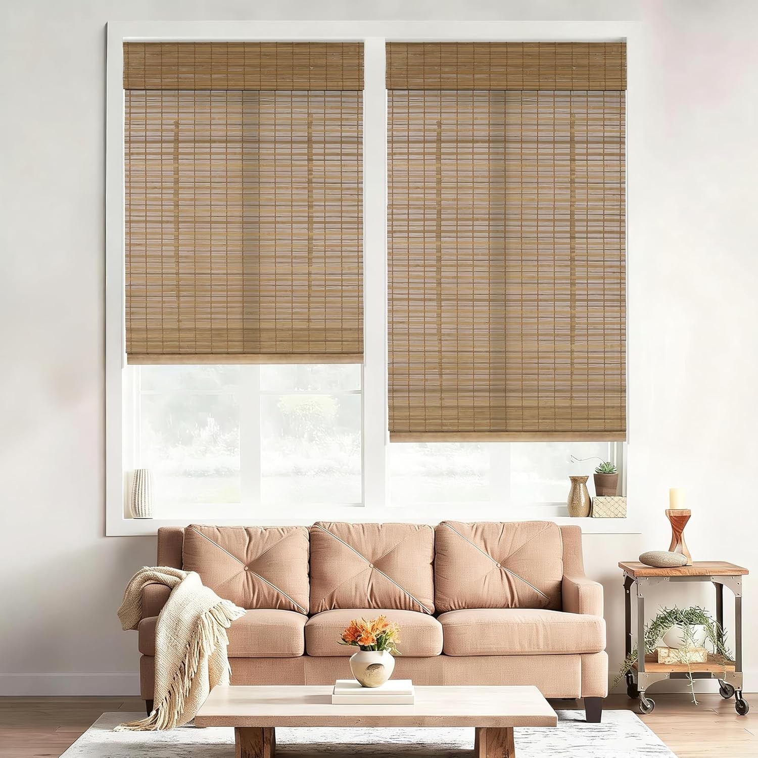 No Drill No Tools Bamboo Roman Shades, Cordless Light Filtering Window Blinds…