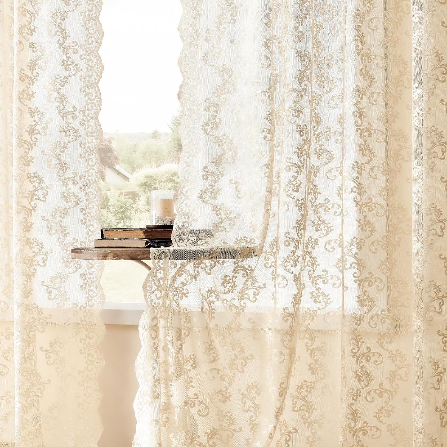 Beige Lace Curtains – 63 Inch Length, 2 Panels Set – Victorian Floral Sheer Curt