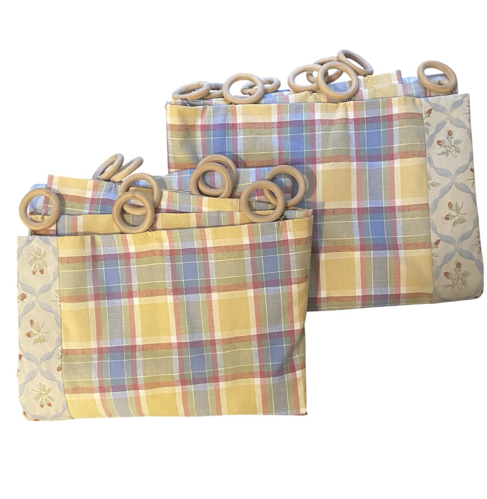 Custom Drapery Panels Yellow Red Blue Farmhouse Plaid Floral Pair + Wood Rings