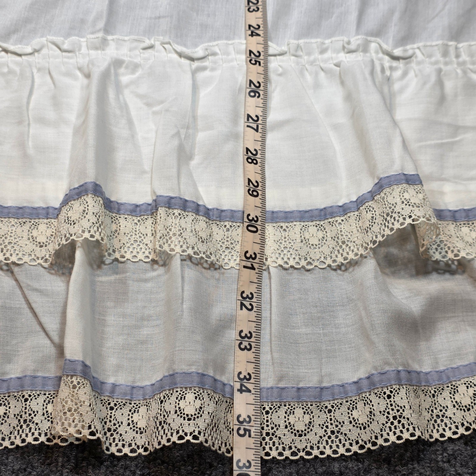 Vintage White Ruffled Cafe Curtains Lace Trim Blue Ribbon Made in USA 36×28 4pc