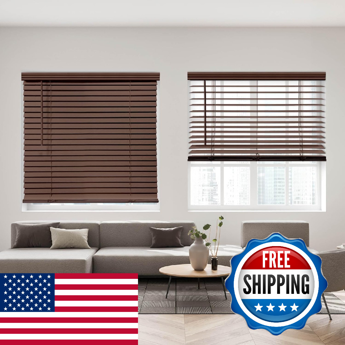 Dez Furnishings Cordless 2 Signature Faux Wood Blind 46.5 W X 64 H Bark Brown