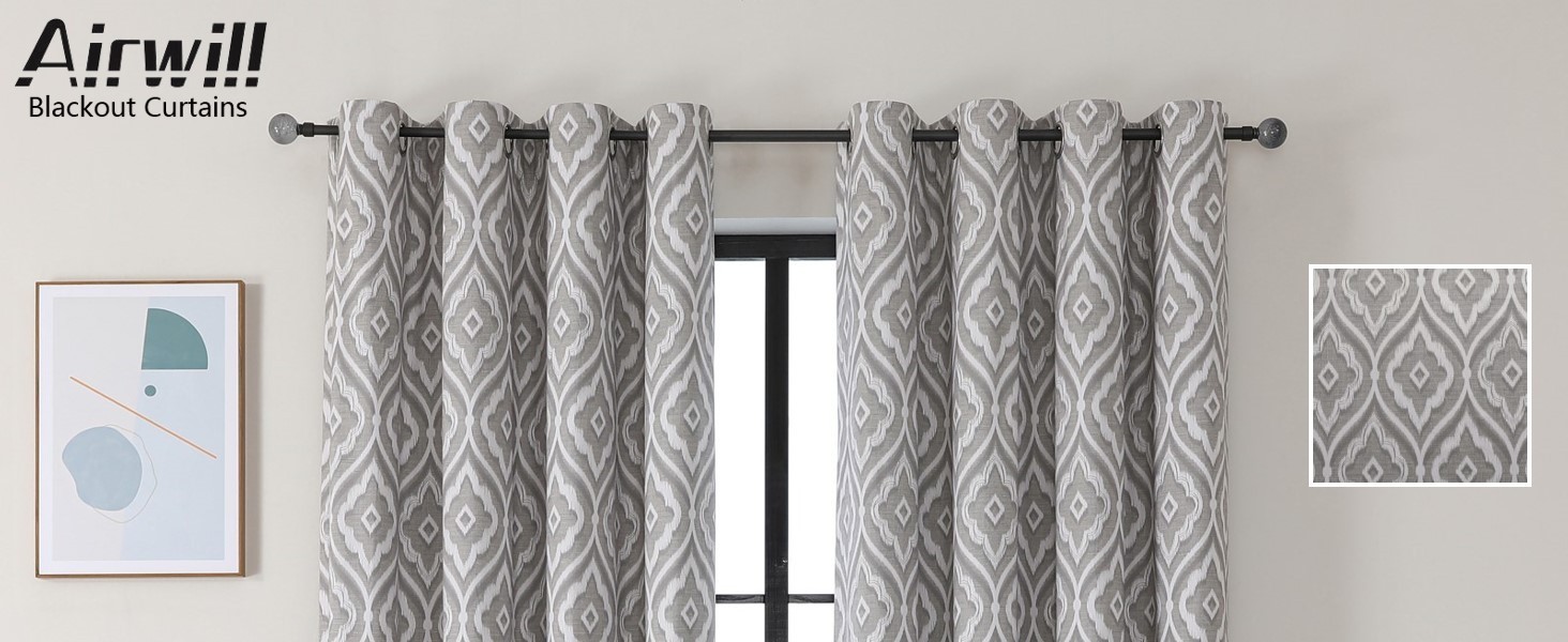 Airwill Blackout Curtains 84 x 52 Inches, 2 Panel Set, Grommet Beige Diamond Fl