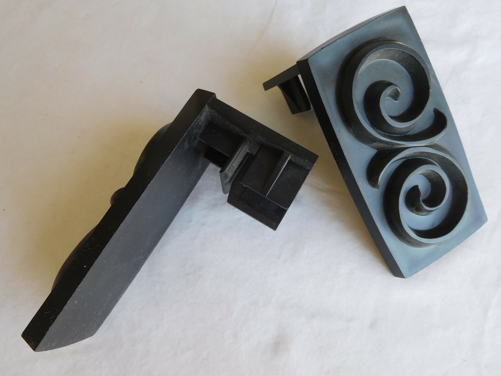 1 pair pr Plastic CURTAIN Drapery rod rectangular FINIALS vintage Black w/SWIRL