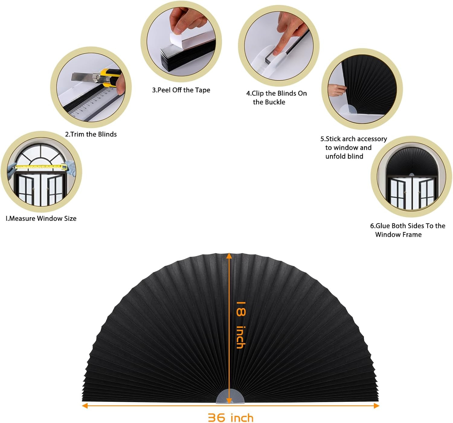 Arch Window Shade Curtains Half Circle Moon Pleated Fabric 36W x 18H Black