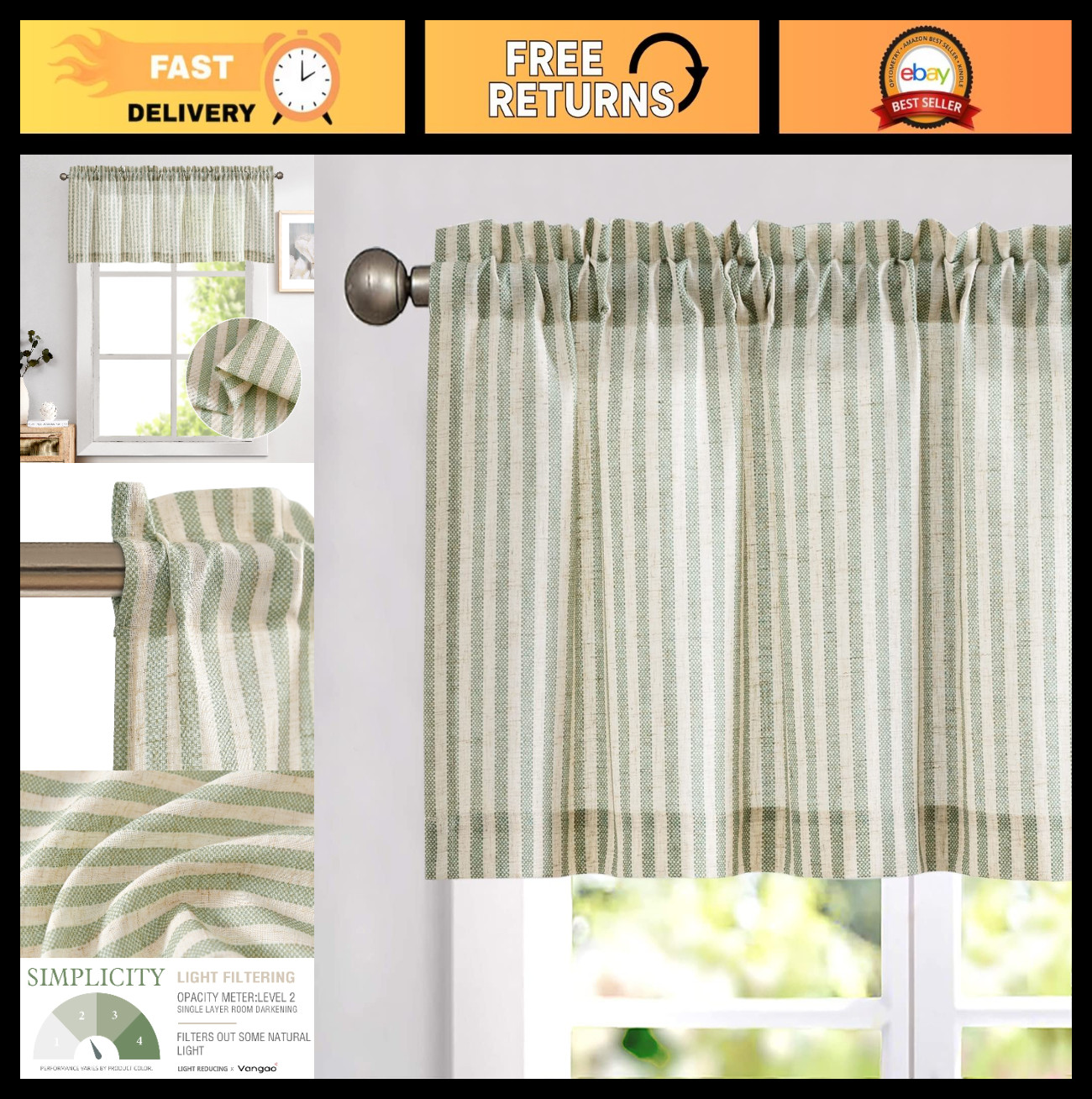 Rustic Farmhouse Linen Stripe Kitchen Valance, Light Filtering Rod Pocket Topper