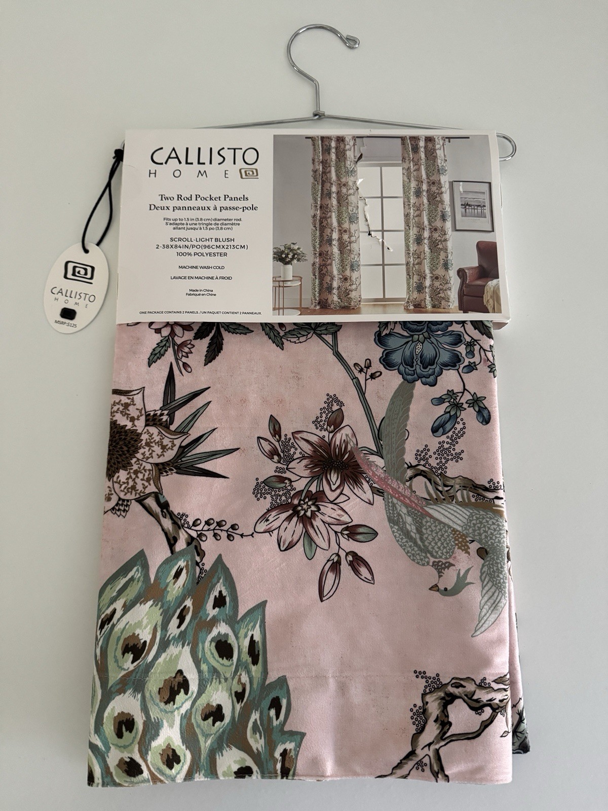 CALLISTO Window Curtains 2 Panels 38” X 84″ Peacock Birds Drapers Back Top Blush
